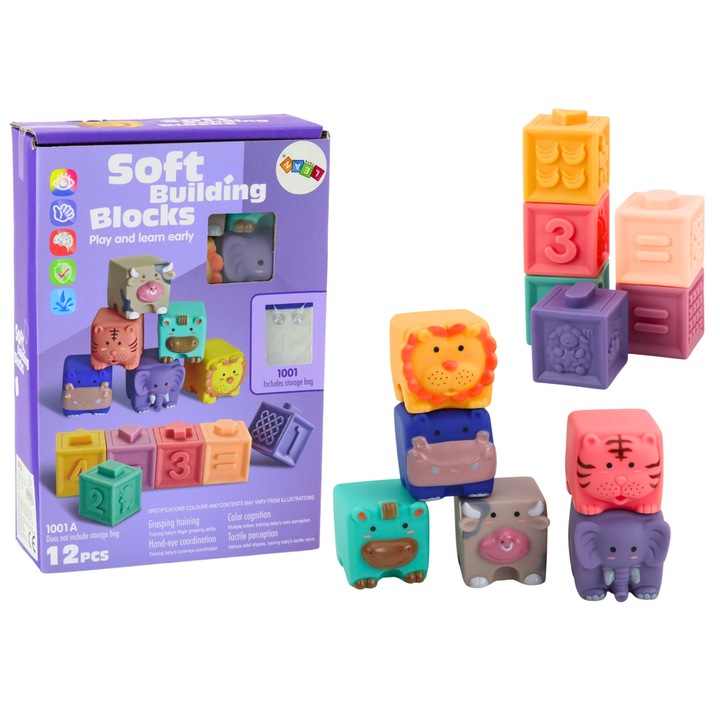 Set de Jucarii Interactive pentru Bebelusi, LEAN Toys, 12 Piese, Animale, Litere si Numere, 5x5x5cm