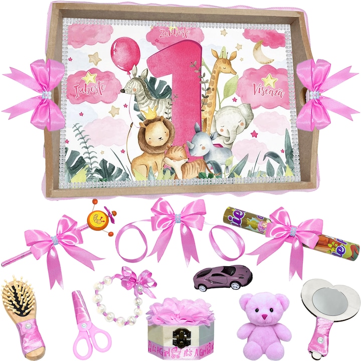 Set Tava pentru Taiere Mot si Rupere Turta Complet cu Accesorii Lorebebe pentru fete, 11 Piese, Tavita Mot, Model Numarul Unu, 32x24 cm, Prima Aniversare Un An, Cadou Un An, Roz