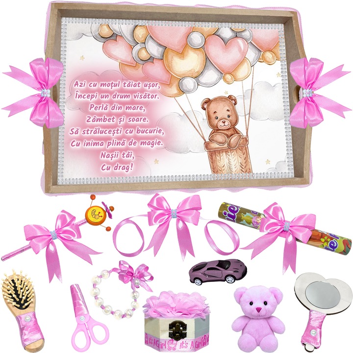 Set Tava pentru Taiere Mot si Rupere Turta Complet cu Accesorii Lorebebe pentru fete, 11 Piese, Tavita Mot, Model Ursuletul Zburator, 32x24 cm, Prima Aniversare Un An, Cadou Un An, Roz