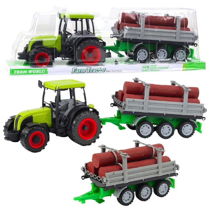 Tractor agricol cu remorca pentru lemn, busteni, verde 47cm, LEAN TOYS