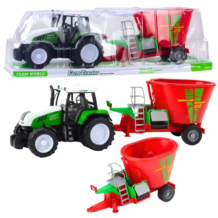 Tractor agricol cu remorca si amestecator de furaje LEAN Toys, verde si alb, dimensiuni 60x18x16cm