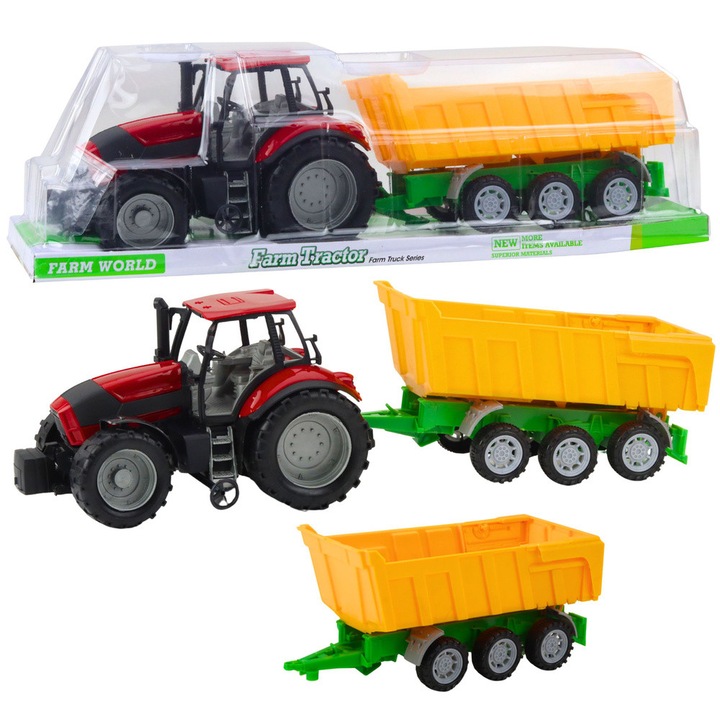 Tractor agricol cu remorca, LEAN Toys, rosu cu galben, 46x14x12cm