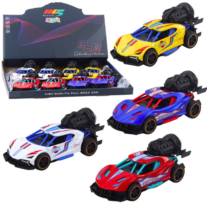 Masinuta sportiva LEAN Toys, efecte luminoase si sonore, efect de fum, dimensiuni 13,5x5,5x6,5cm, set 8 bucati