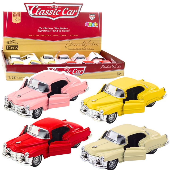 Masinuta clasica 1:32, LEAN Toys, retro, metal, diverse culori, set 12 buc.