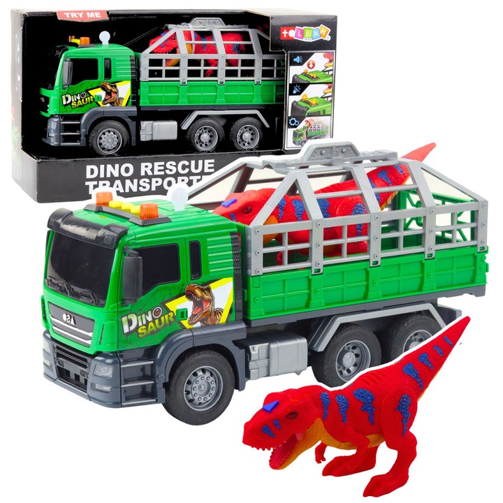 Camion de transport cu dinozaur, LEAN Toys, efecte luminoase si sonore, verde, 31,5x17x11cm, set complet