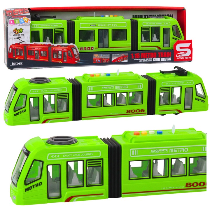 Játékvonat, LEAN Toys, metró modell 1:16, fény- és hangeffektekkel, zöld, 41x8,5x6,5cm