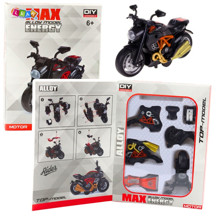 Játék motorkerékpár, LEAN Toys, 1:14 modell, DIY készlet, fém és műanyag, fekete-narancssárga, 24,5x18,5x5cm