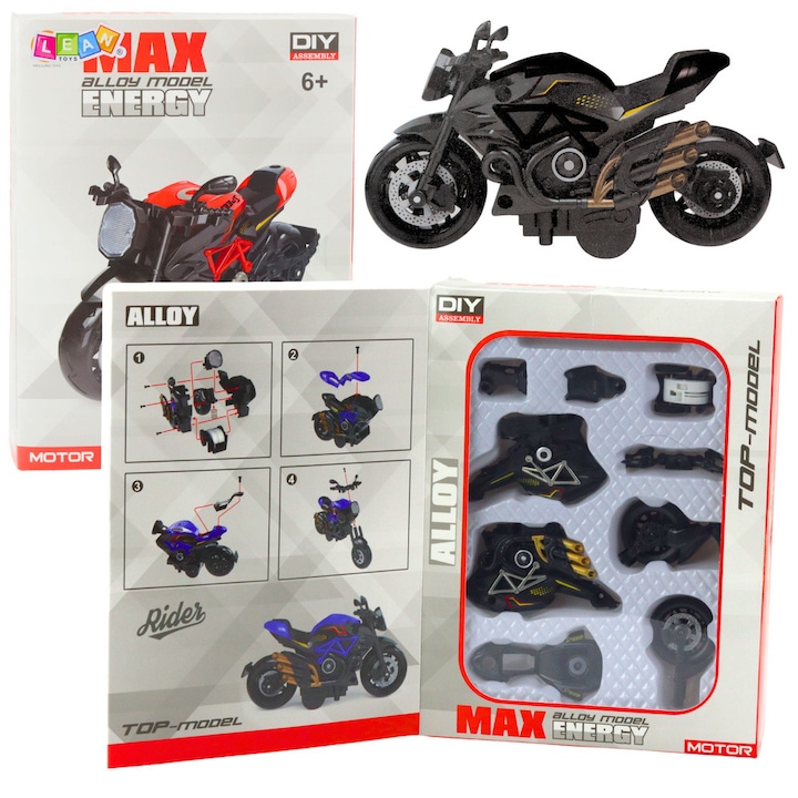 LEAN Toys 1:14 összeszerelhető motorkerékpár, fekete arany részletekkel, barkácskészlet