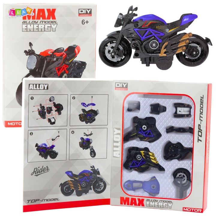 Játék motorkerékpár, LEAN Toys, 1:14 modell, DIY készlet, fém és műanyag, fekete-kék, 24,5x18,5x5cm