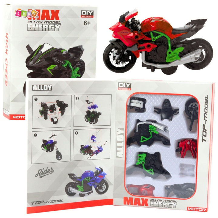 Játék motorkerékpár, LEAN Toys, 1:14 modell, DIY készlet, fém és műanyag, zöld-piros, 24,5x18,5x5cm