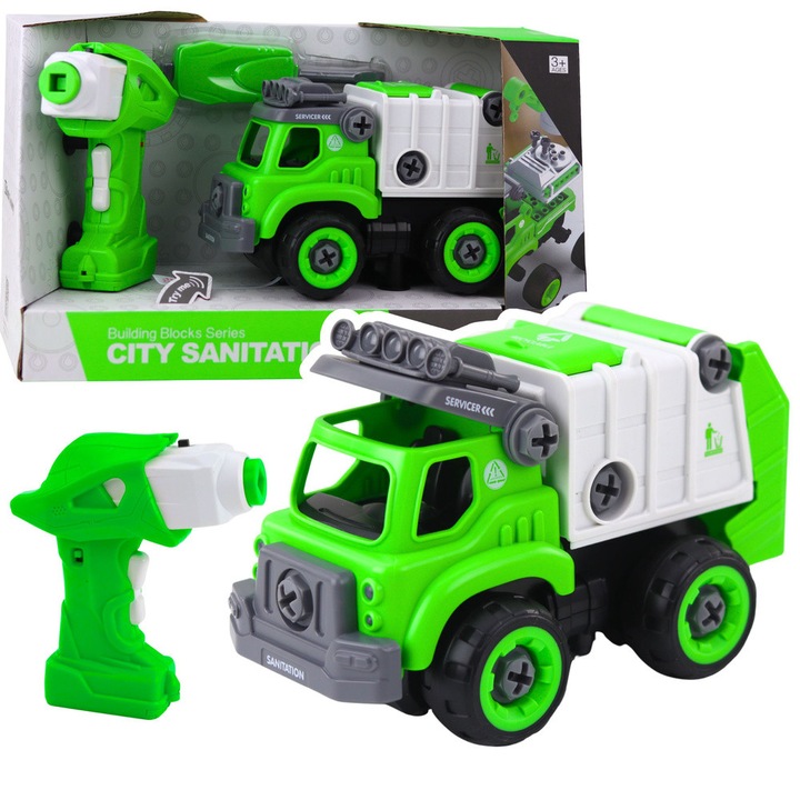 Camion de gunoi cu surubelnita si pilot RC 2 in 1, LEAN Toys, verde-gri, 20x12,5x11,5cm