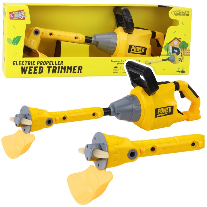 Set joaca gradinarit, LEAN Toys, podkaszarka pentru copii, efecte sonore si luminoase, galben, 55,5x18x9,5cm