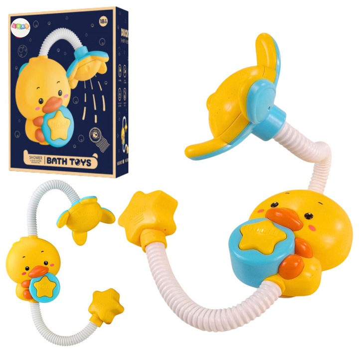 Fürdőjáték kacsakészlet elemes zuhannyal, LEAN Toys, automata pumpafunkció, 15x12x7cm