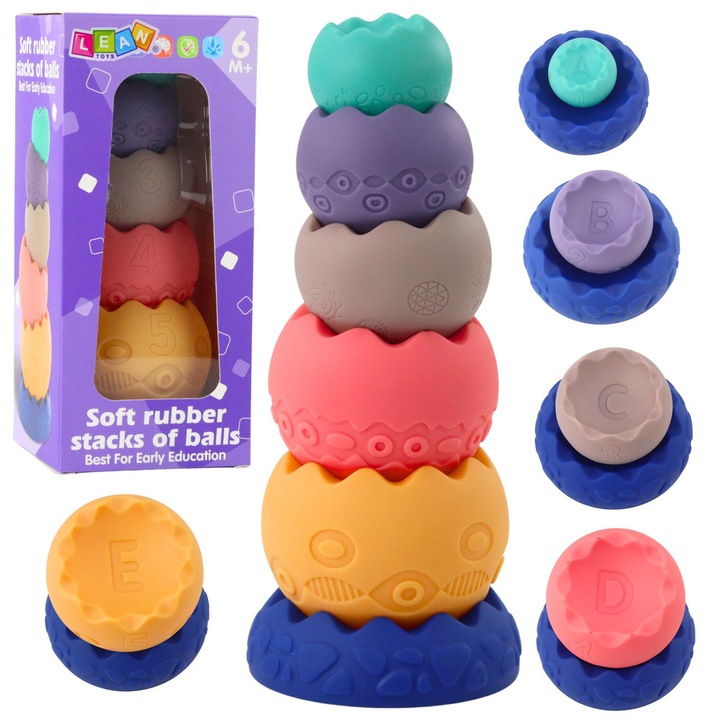 Oktató LEAN játék szett, szenzoros torony 5 színes labdával, mérete 23,5x10cm