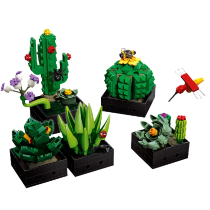 Set de constructie Kaktusi, LEAN Toys, 590 elemente, culori verzi cu flori colorate, 25,5x17x5,5cm