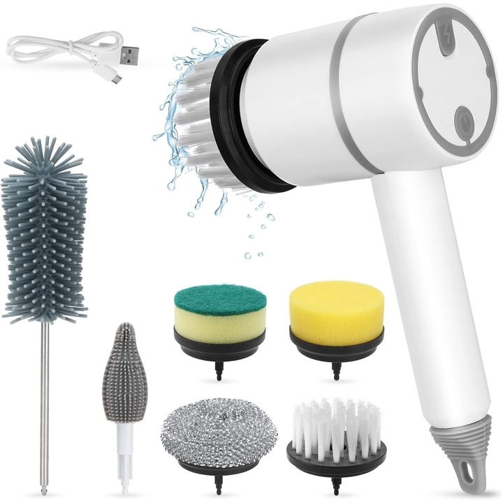 Perie electrica portabila cu 6 capete, 3 viteze, alb, 21x9.5cm