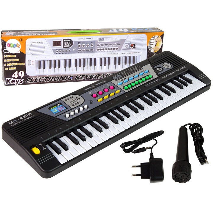 Keyboard cu microfon LEAN Toys, 49 clape, 6 melodii demo, 45x14x5cm, set complet