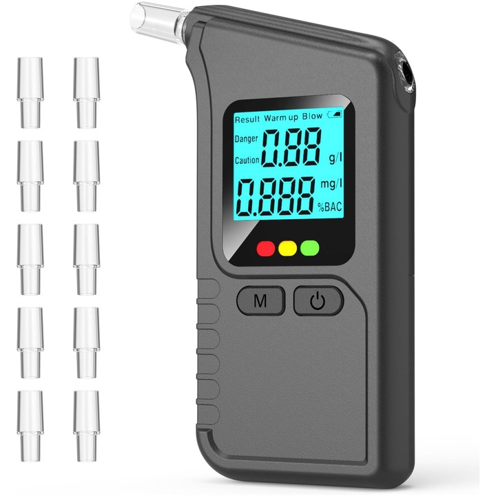Alcool Tester Profesional, cu Functie de Memorare, Senzori de Inalta Precizie, 10 mustiuc-uri, Calibrare Automata, Acuratete +/- 0.01% BAC, Recunoastere Suflat Fals, Analiza Rapida, Display Digital LCD, Cu franghie de protectie, OUYLAF, Negru