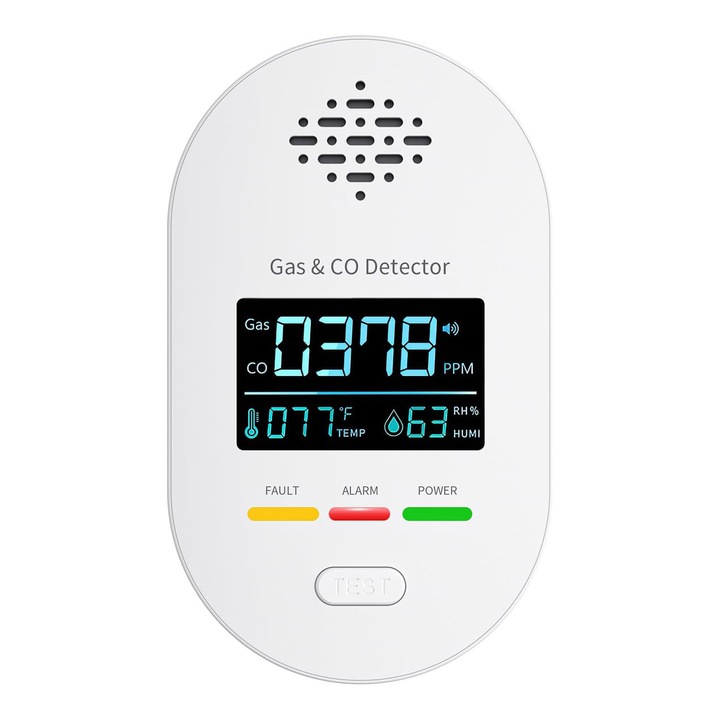Detector de gaz inflamabil, CO、CH4, Wireless, 4 in 1, ecran LCD color, alarma sonora, Semnal Luminos si Acustic, masurare temperatura si umiditate, OUYLAF, Alb