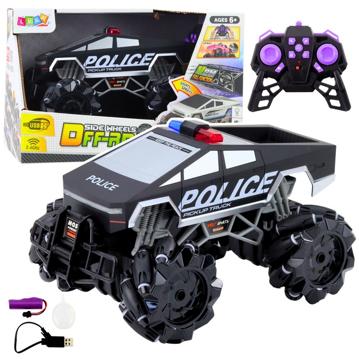 Masinuta Pick Up Truck Politie LEAN Toys, 1:16, spray effekt, 2.4GHz, fekete-fehér, komplett szett