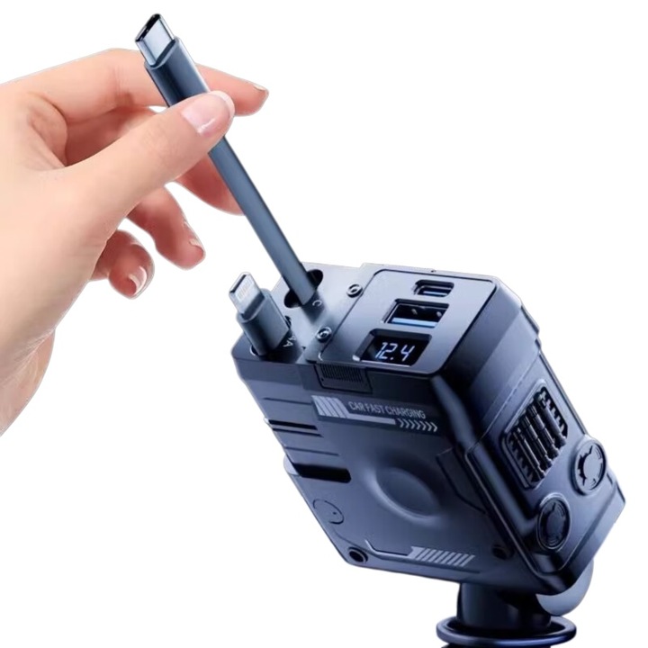 Incarcator Auto 120W Multifunctional 4 in 1, Cablu Retractabil Type-C & Lightning, USB/USB-C Porturi, Afisaj LED, Compatibil Android, iPhone, 12V-24V, Negru