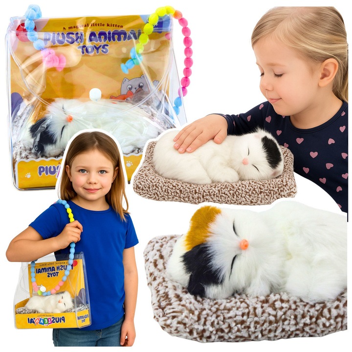 Figurina decorativa, LEAN Toys, pisica alba somnoroasa, sunete de miaunat, perna 18x15cm, set cu geanta transparenta