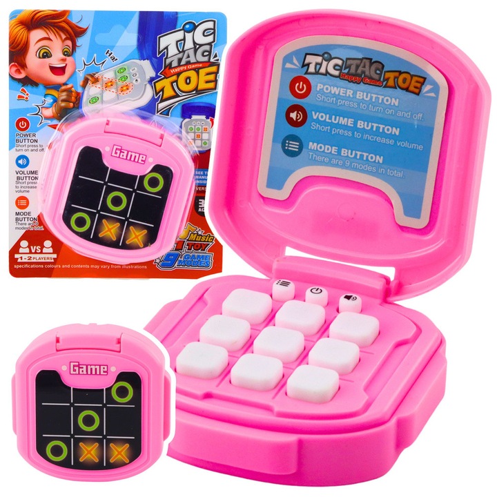 Електронна игра Tic Tac Toe, LEAN Toys, 9 режима на игра, розова, 8x8,5x3см, пълен комплект