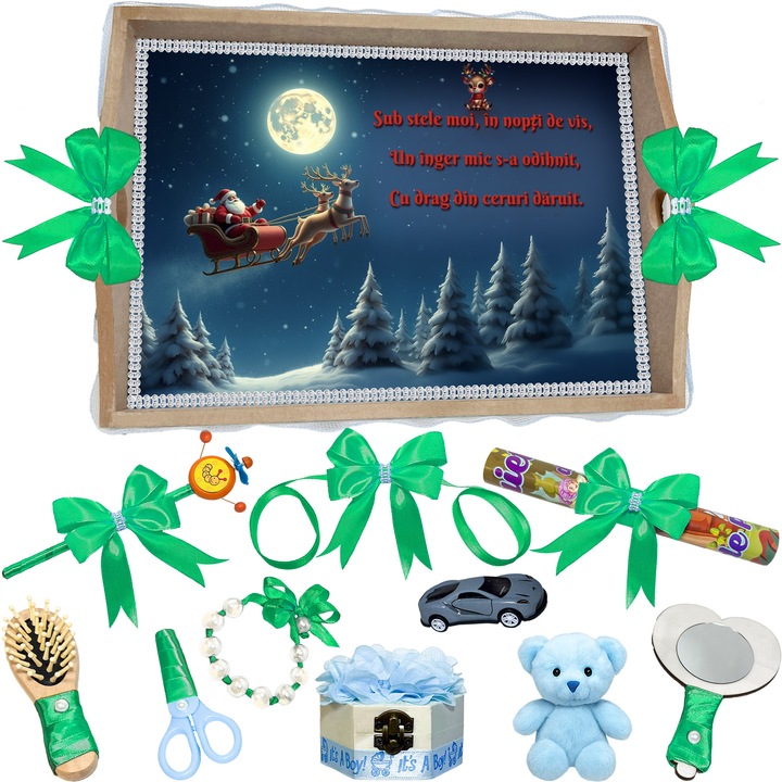 Set Tava pentru Taiere Mot si Rupere Turta de Iarna Complet cu Accesorii Lorebebe pentru baieti, 11 Piese, Tavita Mot, Model Cadourile Motului, 32x24 cm, Prima Aniversare Un An, Cadou Un An, Verde