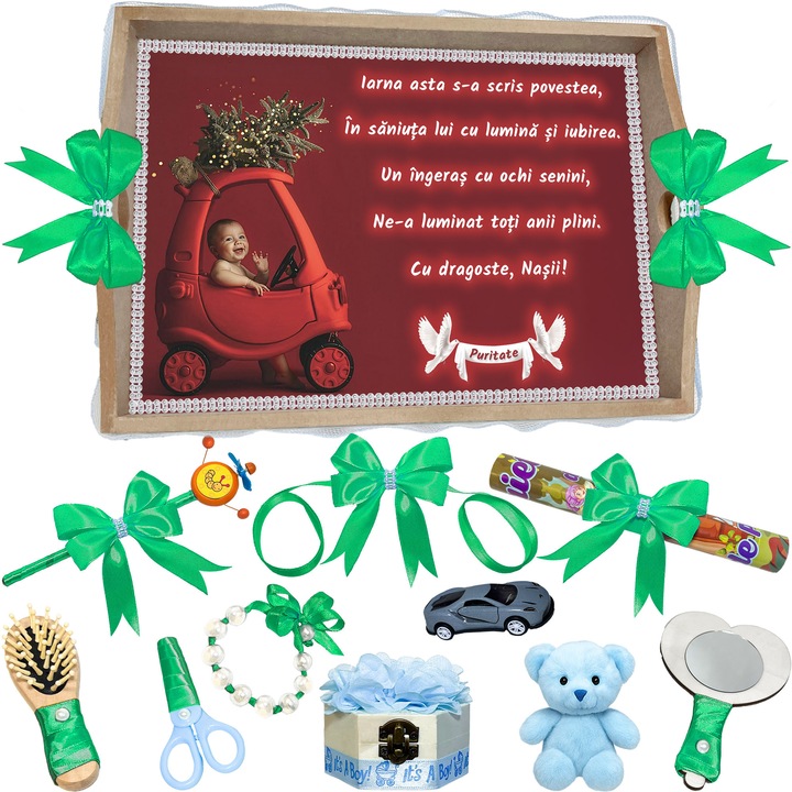 Set Tava pentru Taiere Mot si Rupere Turta de Iarna Complet cu Accesorii Lorebebe pentru baieti, 11 Piese, Tavita Mot, Model Craciun Motat, 32x24 cm, Prima Aniversare Un An, Cadou Un An, Verde