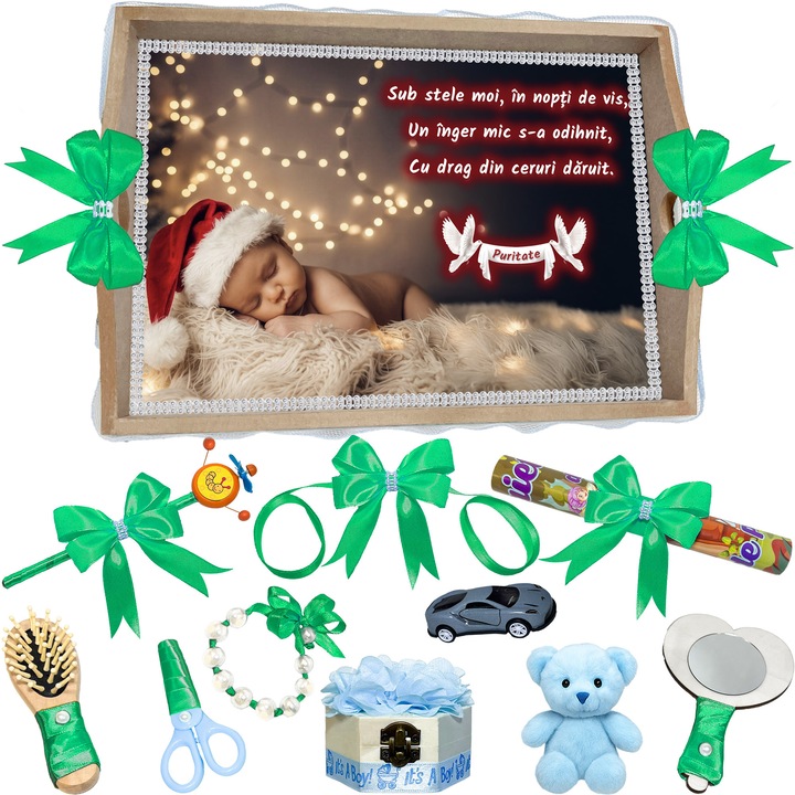 Set Tava pentru Taiere Mot si Rupere Turta de Iarna Complet cu Accesorii Lorebebe pentru baieti, 11 Piese, Tavita Mot, Model Somnicul Craciunului, 32x24 cm, Prima Aniversare Un An, Cadou Un An, Verde