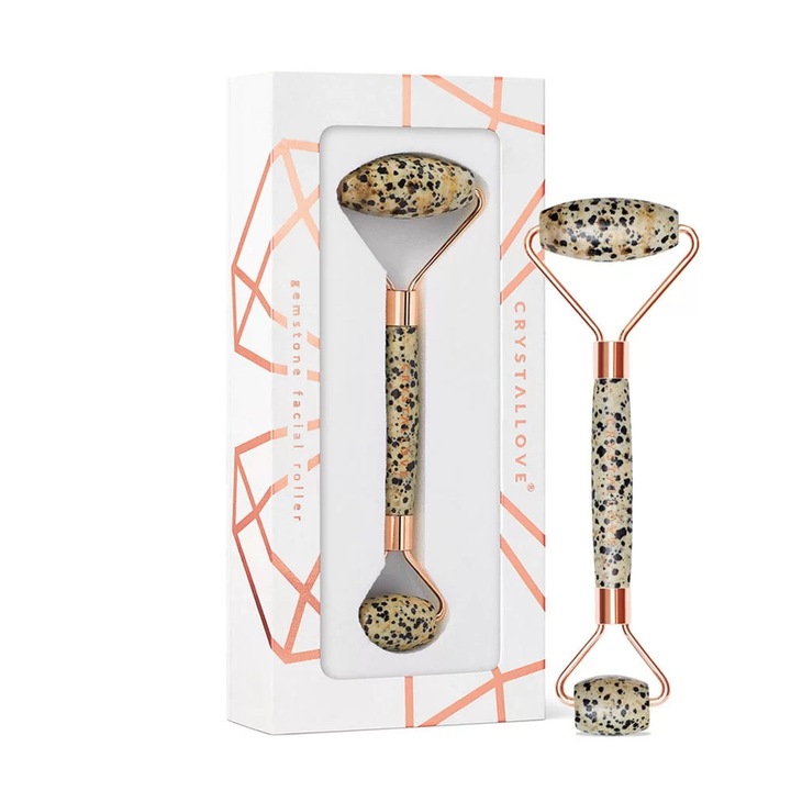 Masajer facial CRYSTALLOVE din jasp dalmatian, reduce umflaturile, imbunatateste elasticitatea, culoare naturala, ideal pentru toate tipurile de ten