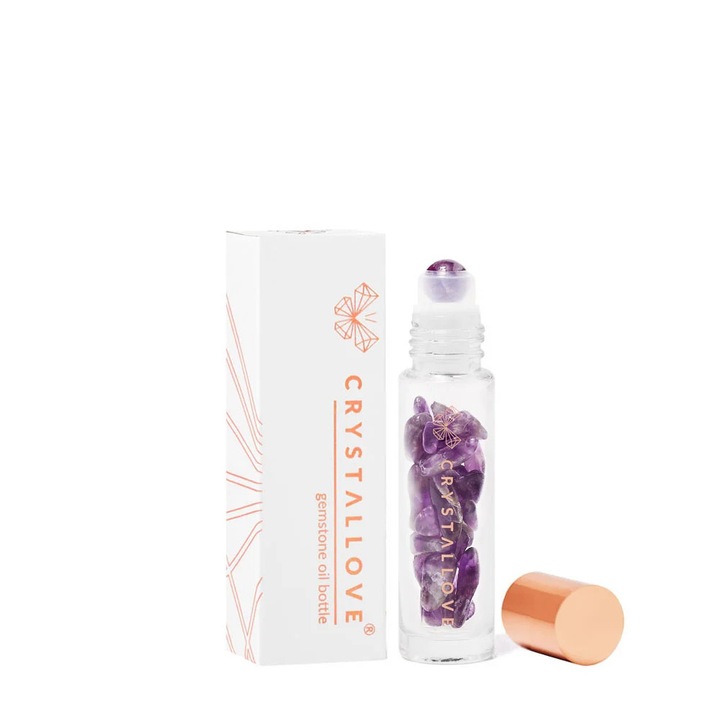 Бутилка с кристали за олио 10мл, CRYSTALLOVE, аметист, терапевтични свойства, детоксикация