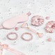 Комплект за домашно СПА с розов кварц CRYSTALLOVE - ролер от розов кварц + маска за очи от коприна, 4 розови ластика за коса от коприна