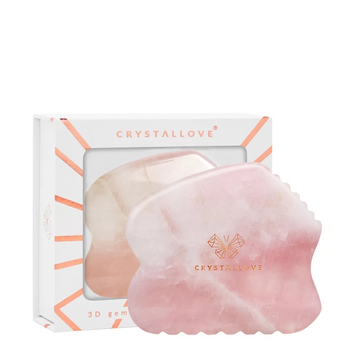 Piatra de masaj Gua Sha CRYSTALLOVE, cu quartz roz, 5 margini profilate, pentru fata si corp