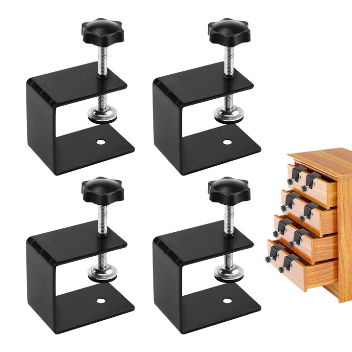 Set cleme de fixare panou sertar, Bedee, 4 bucati, Metal, Anti-alunecare, Usor de operat, Rezistent la coroziune, Durabil, pentru instalarea sertarelor, constructii, asamblare casnica, prelucrarea lemnului DIY, 8x6.8x7cm, Negru