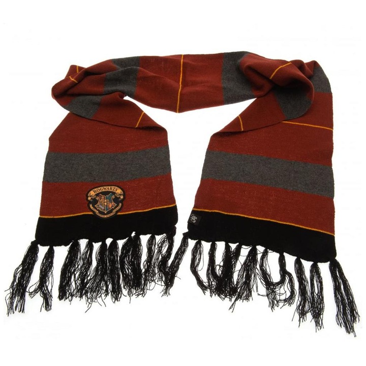 Esarfa Harry Potter Hogwarts, design in dungi maro/ gri, 160x24cm