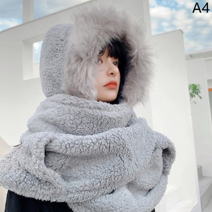 Set caciula, fular si manusi pentru femei, material pufos, lungime fular 225cm, lungime caciula 60cm, gri