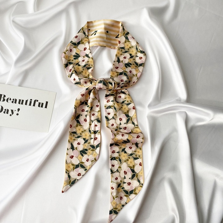 Esarfa dama, satin, 135x8cm, model flori, galben