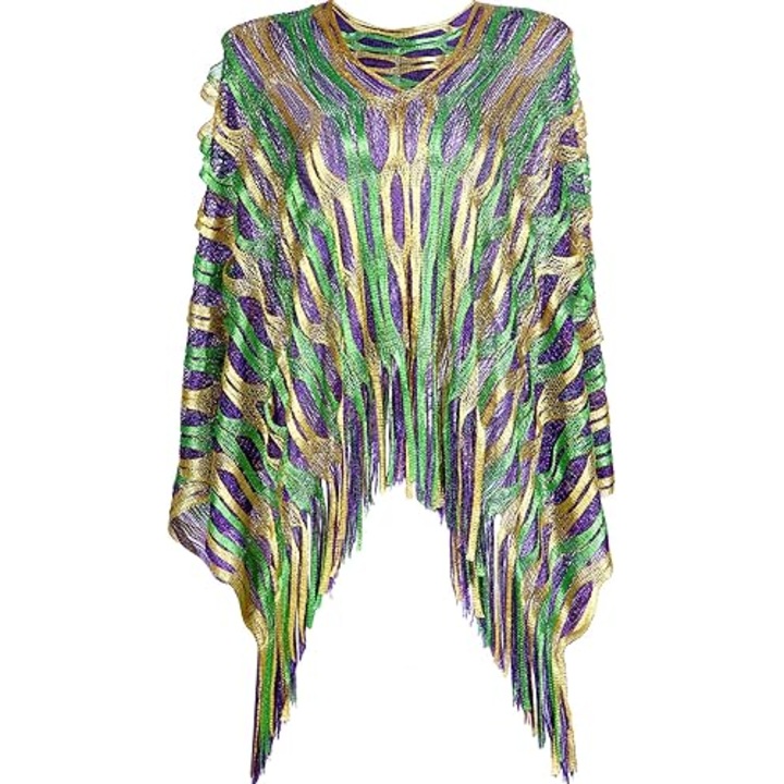 Poncho decorativ Mardi Gras, multicolor, 106x100cm, cu franjuri de 15cm, unisex