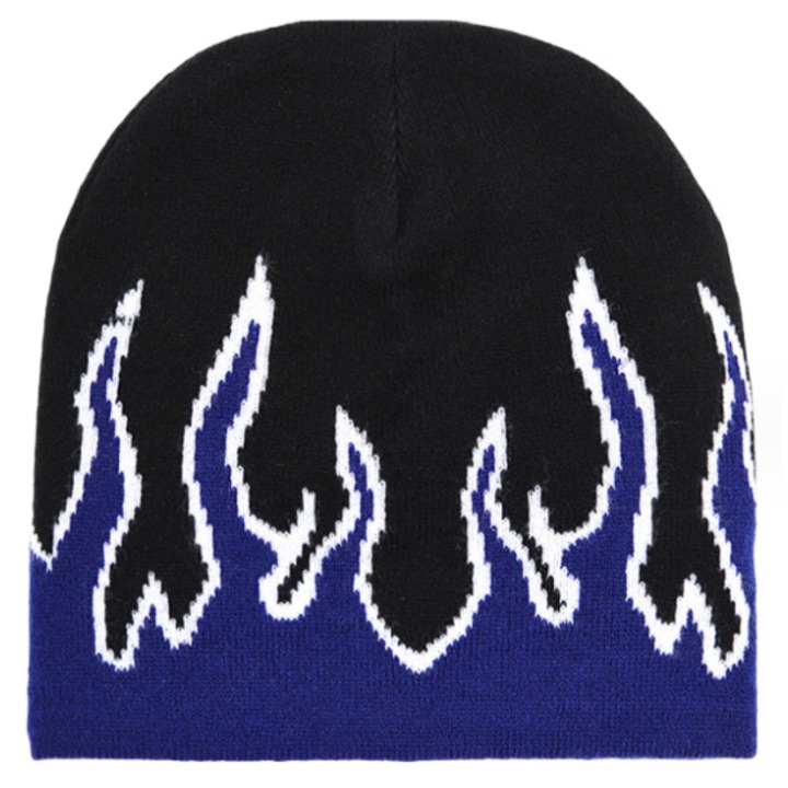 Férfi sapka, lángmintás, pamut, meleg, őszi-téli szezon, kék-fekete