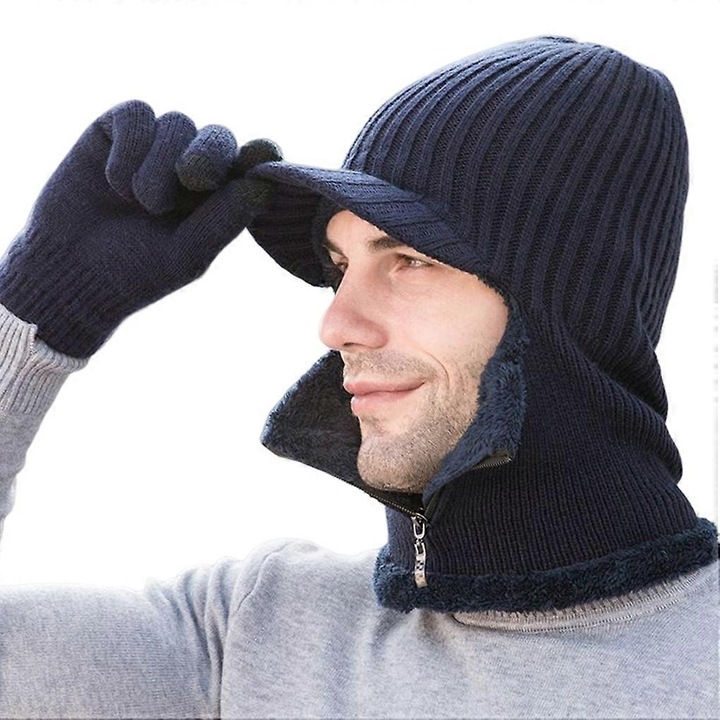 Caciula barbati cu fular si manusi, set, albastru inchis, dimensiuni variate