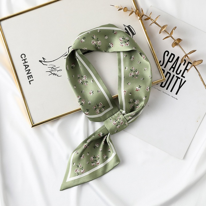 Esarfa satinata verde, 15x70cm, accesoriu pentru par si gat