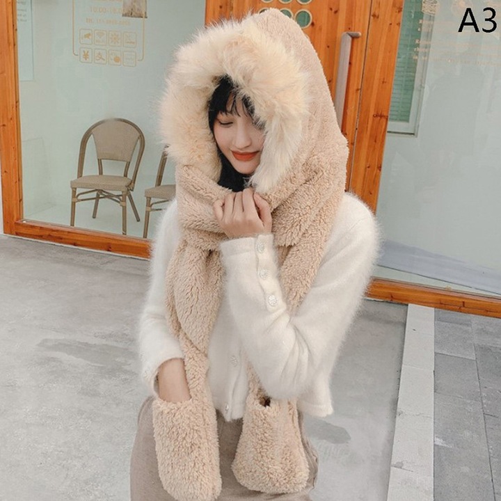 Set caciula, fular si manusi pentru femei, material pufos, lungime fular 225cm, lungime caciula 60cm