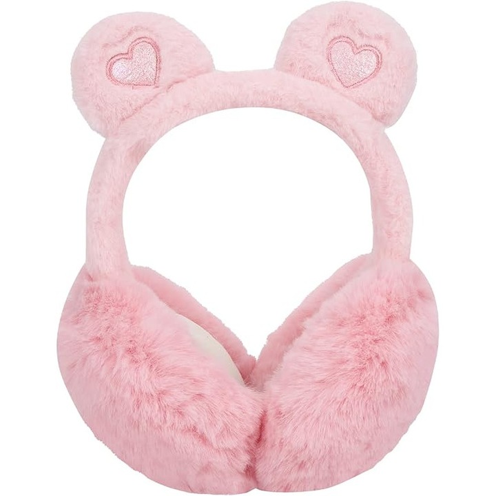Casti de iarna, model cu urechi de urs, material moale si pufos, roz