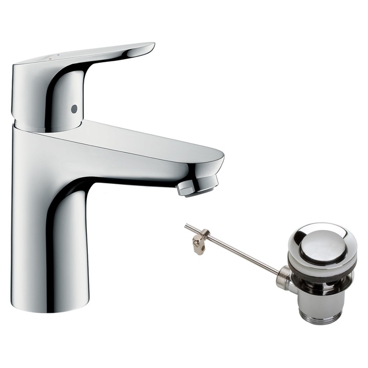 Hansgrohe Focus - Смесител за мивка с изпразнител тип Pop-Up, Смесител за баня с височина на чучура 94 мм, Едноръкохватков смесител за мивка, пестящ вода (Ecosmart), Хромиран, 31607000
