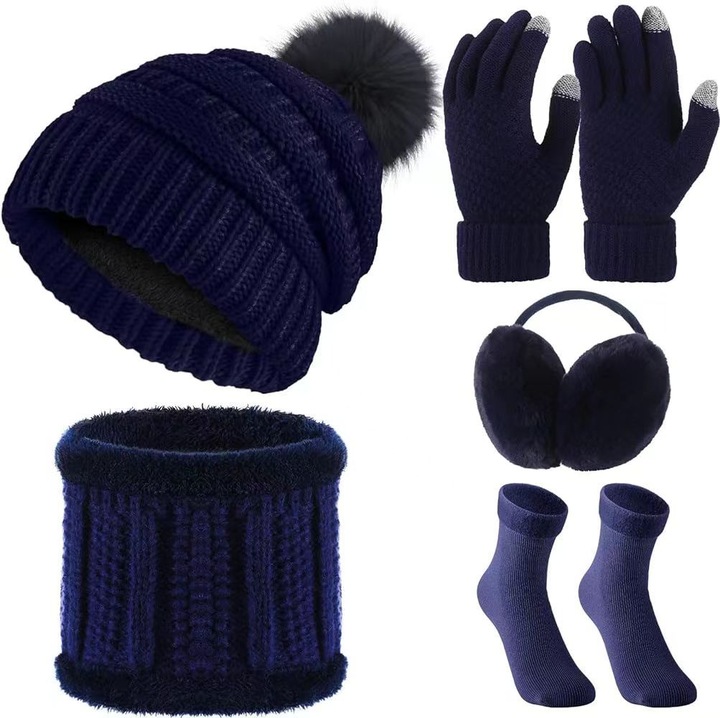Set 5 piese, fular, manusi tricotate, caciula cu captuseala din satin, casti urechi, sosete, pentru femei