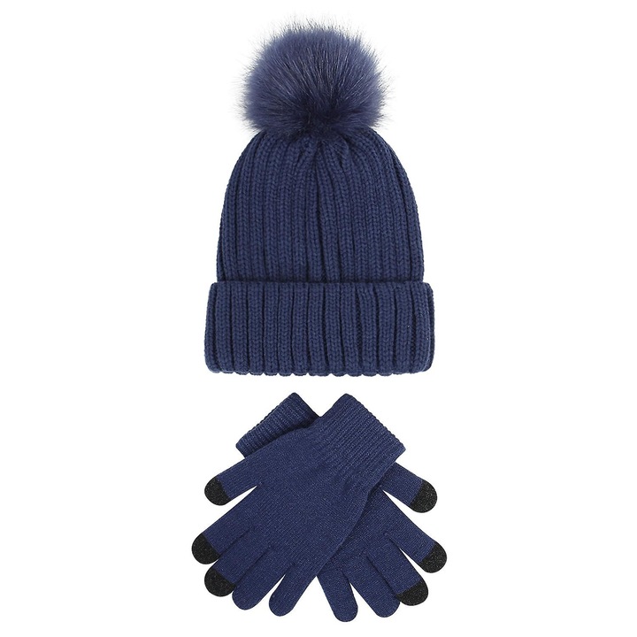 Caciula si manusi pentru femei, set tricotat, calduros, model unic, albastru, dimensiune unica