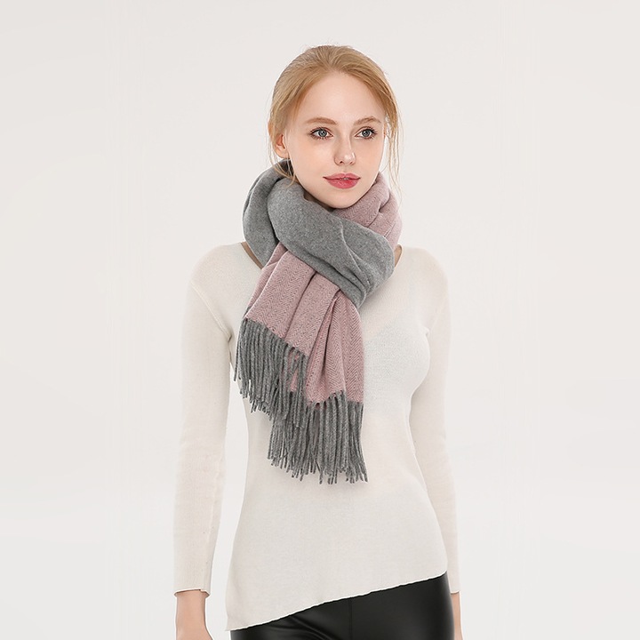 Esarfa dama, model herringbone, rosu burgund, 100% lana, dimensiuni 70x200cm