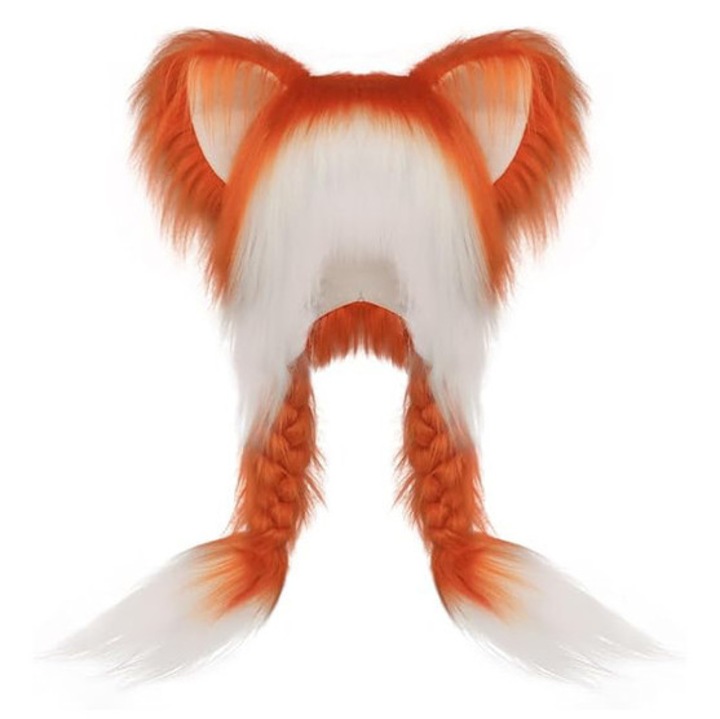 Téli sapka, műszőrme, macskafülekkel, fehér/narancssárga