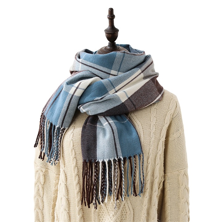 Esarfa dama Wekity din casmir cu ciucuri, model tartan, 70x180cm, multicolor